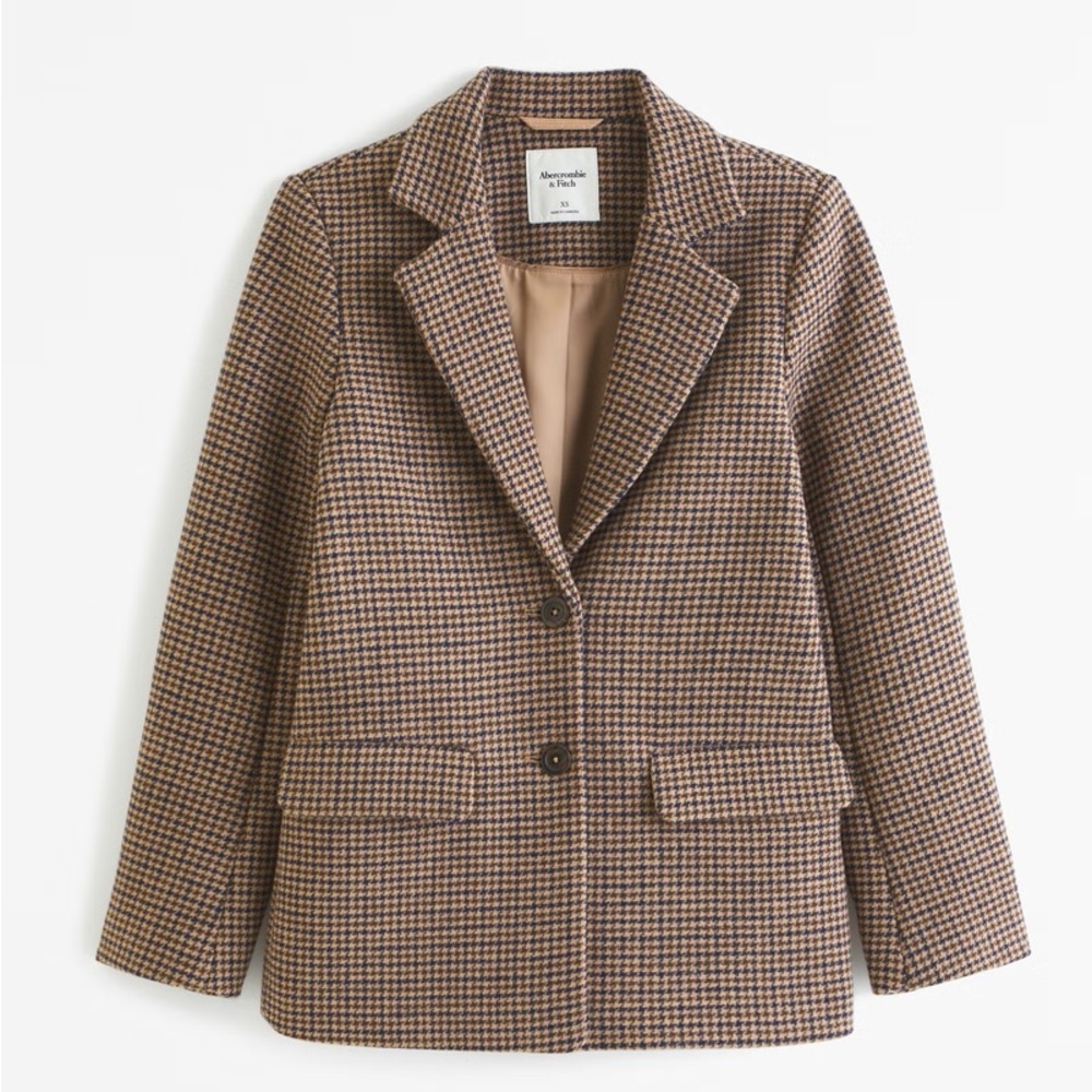 Abercrombie & Fitch Heavyweight Wool-Blend Blazer Coat Brown Plaid